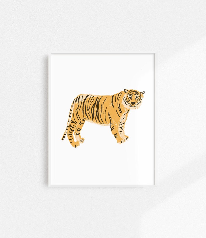 May include: A digital illustration of a tiger with orange and black stripes standing on a white background.