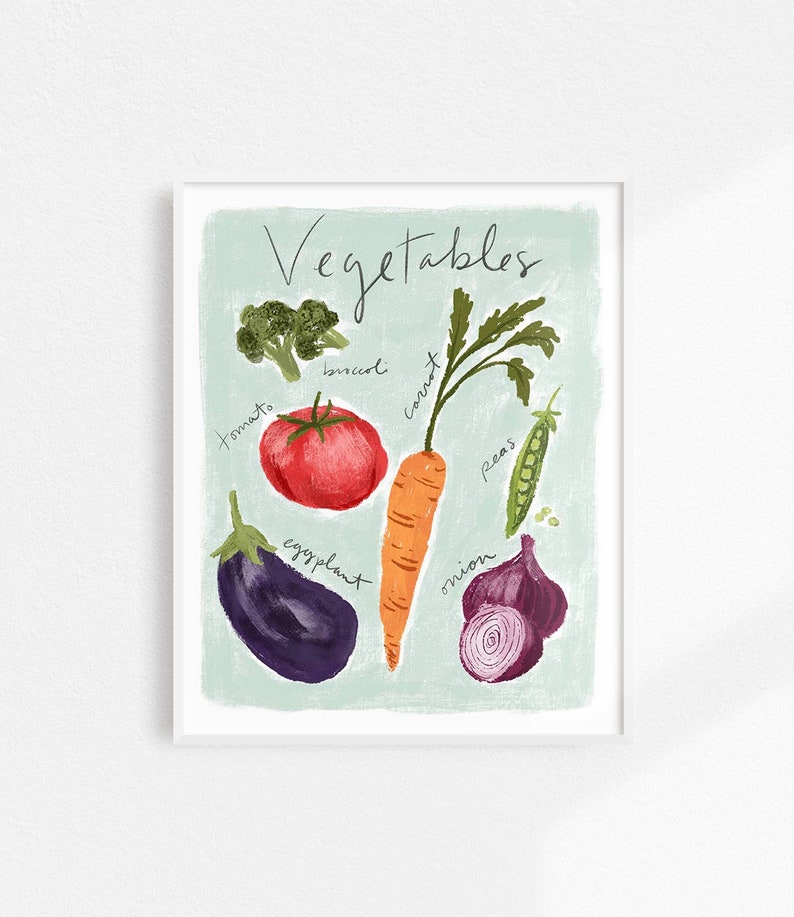 May include: A colorful illustration of various vegetables, including a tomato, carrot, eggplant, onion, broccoli, peas, and the word "Vegetables" written in cursive.