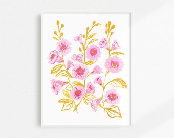 May include: A digital illustration of pink flowers with gold stems and leaves on a white background.