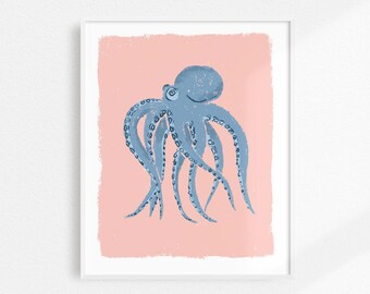 Octopus Art Print, Cute Sea Creature, Coastal Kids Nursery Decor