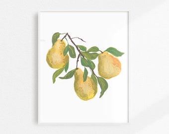 Pear Art Print, Kitchen Wall Decor, Pear Artwork, Food Decor, Kitchen Print, Gouache Fruit Painting, Dining Room Art, Giclee Fine Art Print