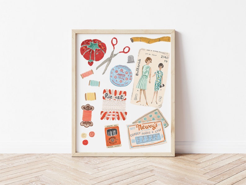 May include: A vintage-style illustration of sewing supplies, including spools of thread, buttons, a thimble, scissors, a pincushion, a tape measure, and a pattern for a dress. The pattern is from the company Butterick and is for a dress with a 2140 size.