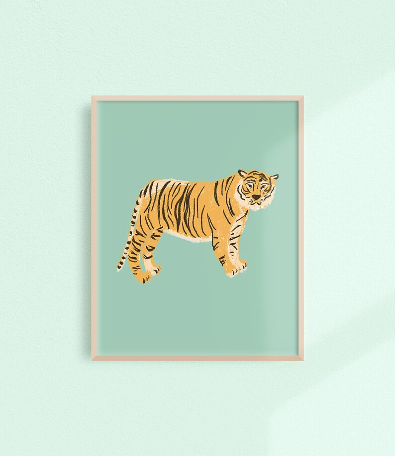 May include: A framed illustration of a tiger with orange and black stripes standing on a light blue background.