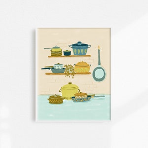 Kitchen Wall Art, Vintage Cookware Art Print, Midcentury Kitchen Artwork, Kitchen Decor, Vintage Kitchen Print, Foodie Gift, Dining Room Art