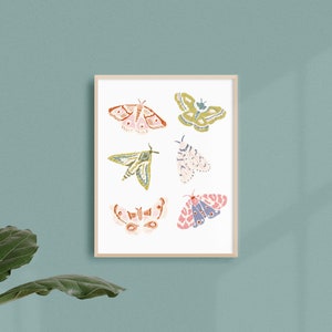 Puede incluir: Una impresi&oacute;n enmarcada con seis ilustraciones coloridas de polillas. Las polillas se representan en varias poses y colores, incluyendo rosa, verde y azul.