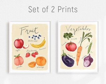 Kitchen Dining Wall Art, Set of 2 Kitchen Prints, Fruits & Vegetables Art, Fruit Artwork Print, Vegetable Poster, Culinary Print, Food Art