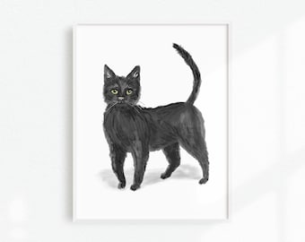 Black Cat Wall Art, Cat Lover Artwork, Pet Portrait, Black Cat Art Print, Cat Decor, Kitty Art Print, Kitten Nursery Print, Halloween Cat