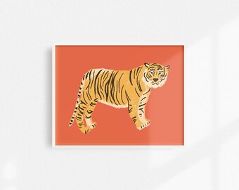 Impresión de tigre de la jungla, obra de arte de tigre, impresión artística de tigre, decoración de guardería de jungla, decoración de tigre rojo, gato de la jungla, impresión de guardería de tigre, decoración de jungla