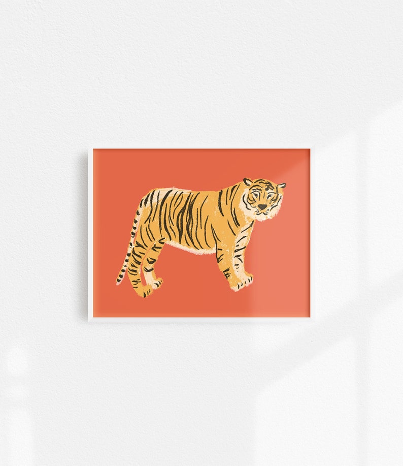 May include: A digital illustration of a tiger standing on a coral orange background. The tiger is facing the left side of the image and has black stripes.
