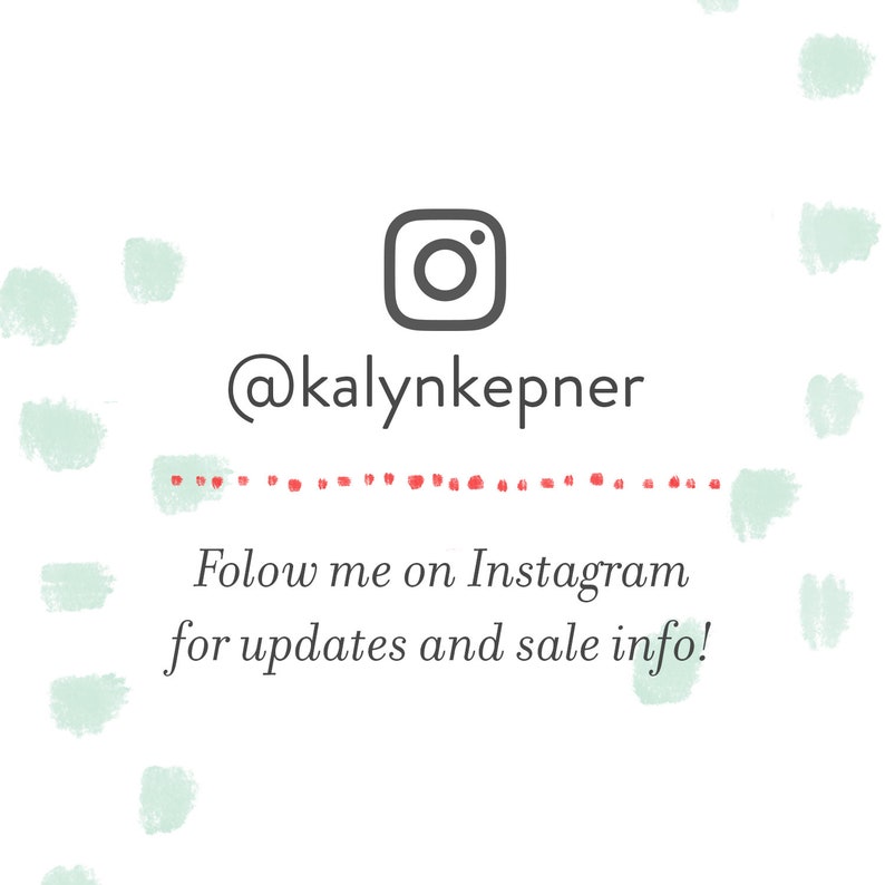 Op de afbeelding: Een witte achtergrond met een lichtgroen aquarelpatroon. Het Instagram-logo bevindt zich in het midden met de tekst "@kaly nke pner" eronder. De tekst "Volg me op Instagram voor updates en verkoopinformatie!" staat onder het logo.