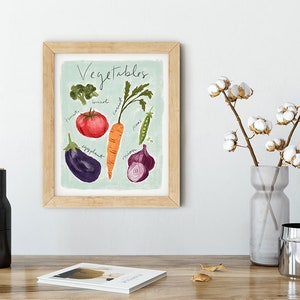 May include: A framed print with a light blue background featuring a watercolor illustration of various vegetables, including a tomato, carrot, onion, eggplant, broccoli, and peas. The text "Vegetables" is written in black cursive at the top of the print.