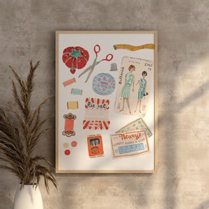 May include: A vintage-style illustration of sewing supplies, including a red strawberry-shaped pincushion, spools of thread, buttons, a tape measure, and a pair of scissors. The illustration also includes two vintage sewing patterns for dresses, one with a red and white striped bodice and a blue skirt, and the other with a blue bodice and a white skirt. The illustration includes the text "Butterick", "2140", "Newwey's", "Corset Hooks & Eyes", and "Ric Rac".