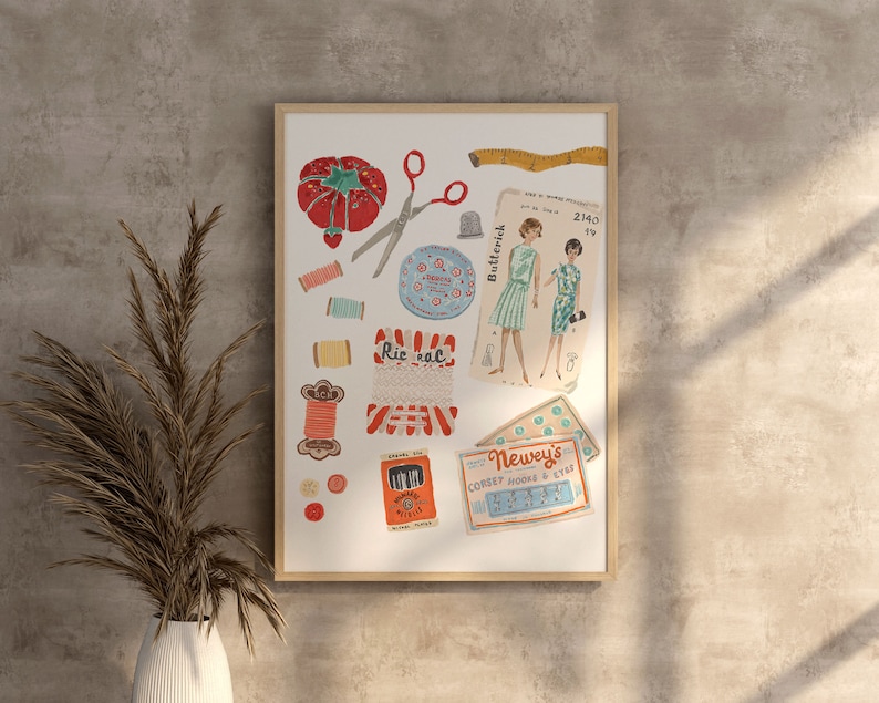 May include: A vintage-style illustration of sewing supplies, including a red strawberry-shaped pincushion, spools of thread, buttons, a tape measure, and a pair of scissors. The illustration also includes two vintage sewing patterns for dresses, one with a red and white striped bodice and a blue skirt, and the other with a blue bodice and a white skirt. The illustration includes the text "Butterick", "2140", "Newwey's", "Corset Hooks & Eyes", and "Ric Rac".