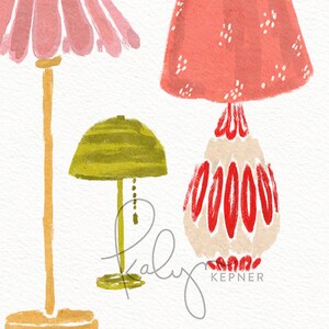 K&ouml;nnte beinhalten: Drei Lampen in verschiedenen Stilen und Farben. Ein rosa Lampenschirm mit wei&szlig;em Fu&szlig;, ein gr&uuml;ner Lampenschirm mit goldenem Fu&szlig; und ein roter Lampenschirm mit wei&szlig;em Fu&szlig; und roten und wei&szlig;en Streifen.