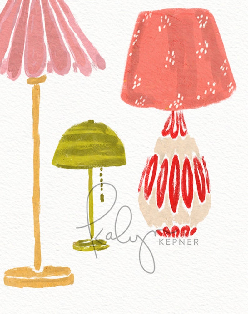 K&ouml;nnte beinhalten: Drei Lampen in verschiedenen Stilen und Farben. Ein rosa Lampenschirm mit wei&szlig;em Fu&szlig;, ein gr&uuml;ner Lampenschirm mit goldenem Fu&szlig; und ein roter Lampenschirm mit wei&szlig;em Fu&szlig; und roten und wei&szlig;en Streifen.