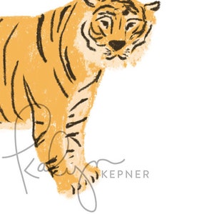 May include: A hand-drawn illustration of a tiger with orange and black stripes. The tiger is facing to the right and is walking. The illustration is done in a simple style with a textured look.