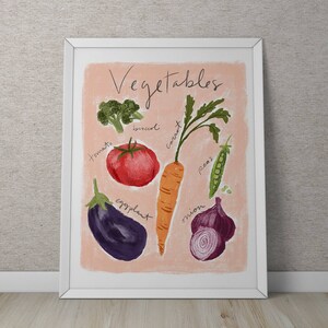 Puede incluir: Un fondo rosa con la palabra "Vegetales" escrita en cursiva negra. Hay ilustraciones de un tomate, una zanahoria, br&oacute;coli, berenjena, cebolla y guisantes. Cada verdura est&aacute; etiquetada con su nombre.