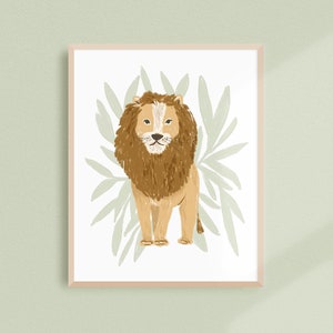 May include: A framed illustration of a lion with a brown mane standing in front of a green leafy background.