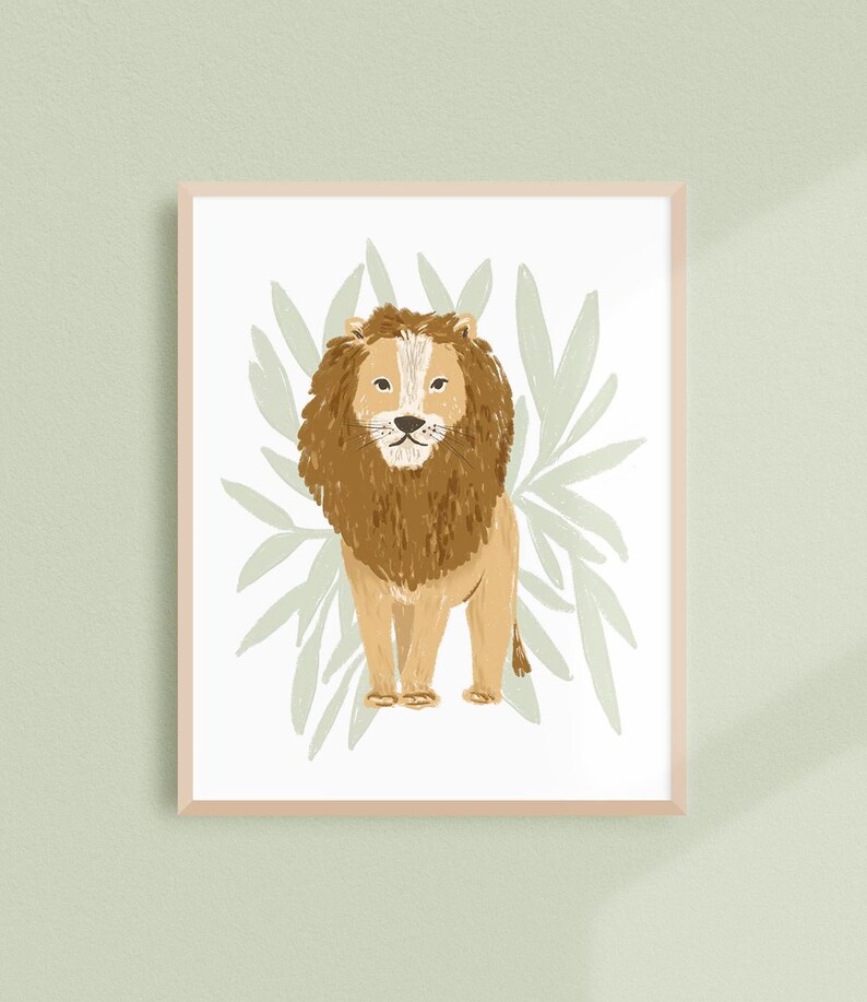 May include: A framed illustration of a lion with a brown mane standing in front of a green leafy background.