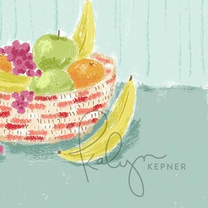 May include: A red and white striped bowl filled with fruit, including a green apple, a yellow banana, an orange, and grapes. A yellow banana is lying on the table next to the bowl.