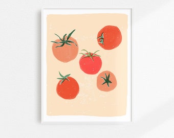May include: Five red tomatoes with green stems on a peach background. The tomatoes are arranged in a random pattern.