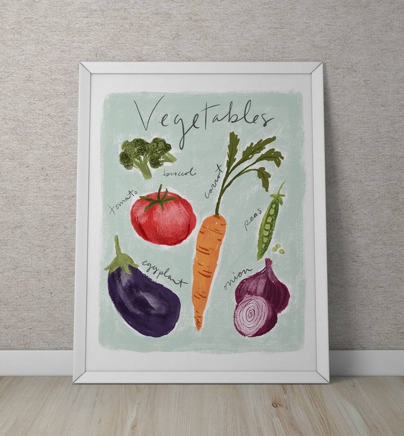 May include: A colorful illustration of various vegetables, including a tomato, carrot, broccoli, eggplant, onion, and peas. The text "Vegetables" is written in a whimsical font at the top of the image.