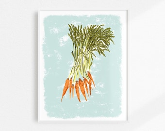 May include: A bunch of orange carrots with green tops against a light blue background.