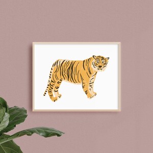 May include: A framed illustration of a tiger with orange and black stripes standing on a white background.