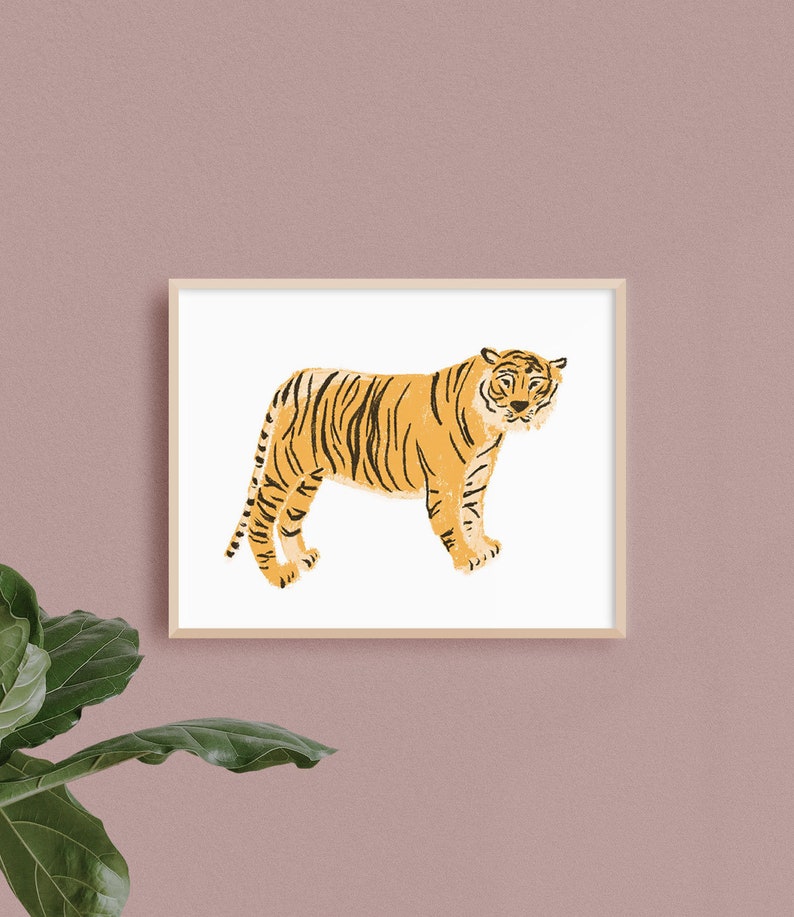 May include: A framed illustration of a tiger with orange and black stripes standing on a white background.