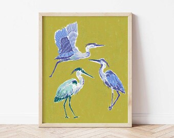 Blue Herons Art Print, Nature-Inspired Wall Art, Unique Home Decor, Whimsical Bird Illustration, Wildlife Decor Poster, Heron Bird Artwork
