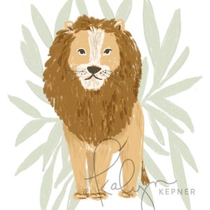 May include: A brown lion with a light brown mane stands in front of a green leafy background. The lion has a serious expression on its face.