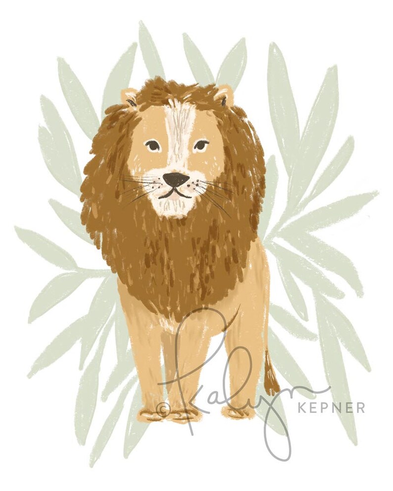 May include: A brown lion with a light brown mane stands in front of a green leafy background. The lion has a serious expression on its face.