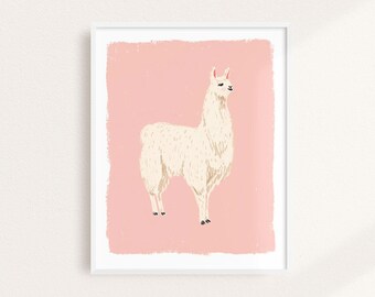 May include: A white llama with a fluffy coat stands on a pink background. The llama has a long neck and a small head with black eyes and a pink nose.