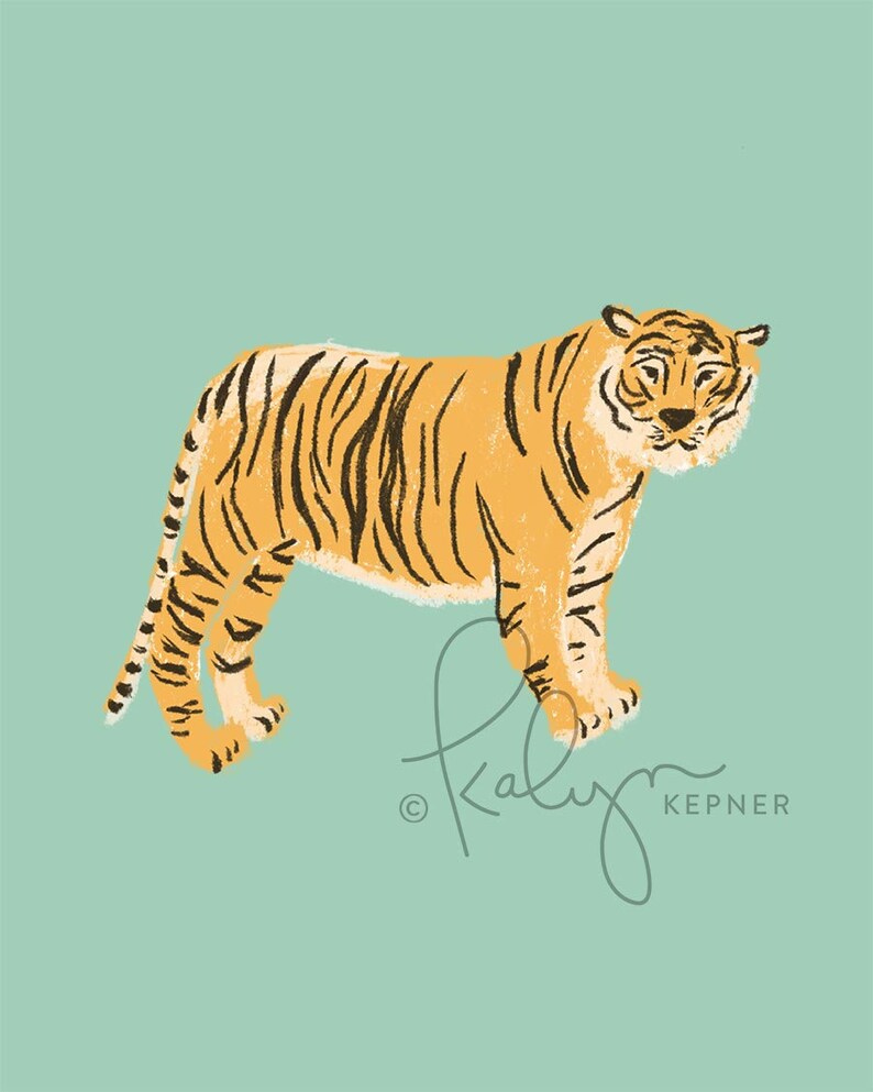 May include: A hand-drawn illustration of a tiger with orange and black stripes standing on a light blue background. The tiger is facing the right side of the image. The artist's signature, "Kaly Kepner", is in the bottom right corner of the image.