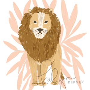 May include: A digital illustration of a lion with a brown mane and body, standing in front of a light pink floral design. The lion has a white face and is facing forward. The artist's signature and name are in the lower right corner.