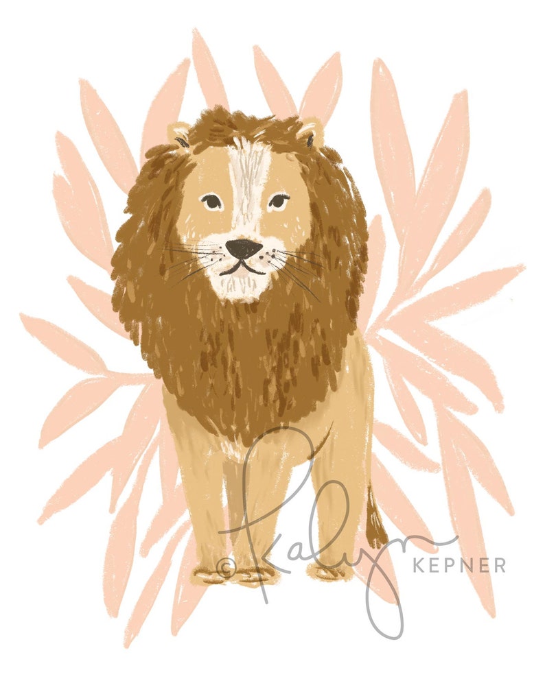 May include: A digital illustration of a lion with a brown mane and body, standing in front of a light pink floral design. The lion has a white face and is facing forward. The artist's signature and name are in the lower right corner.