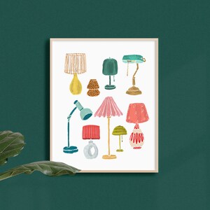 K&ouml;nnte beinhalten: Eine digitale Illustration von neun verschiedenen Lampen in verschiedenen Stilen und Farben. Die Lampen haben Schirme in Pink, Rot, Gr&uuml;n, Gelb und Braun. Die Lampen befinden sich auf einem wei&szlig;en Hintergrund.