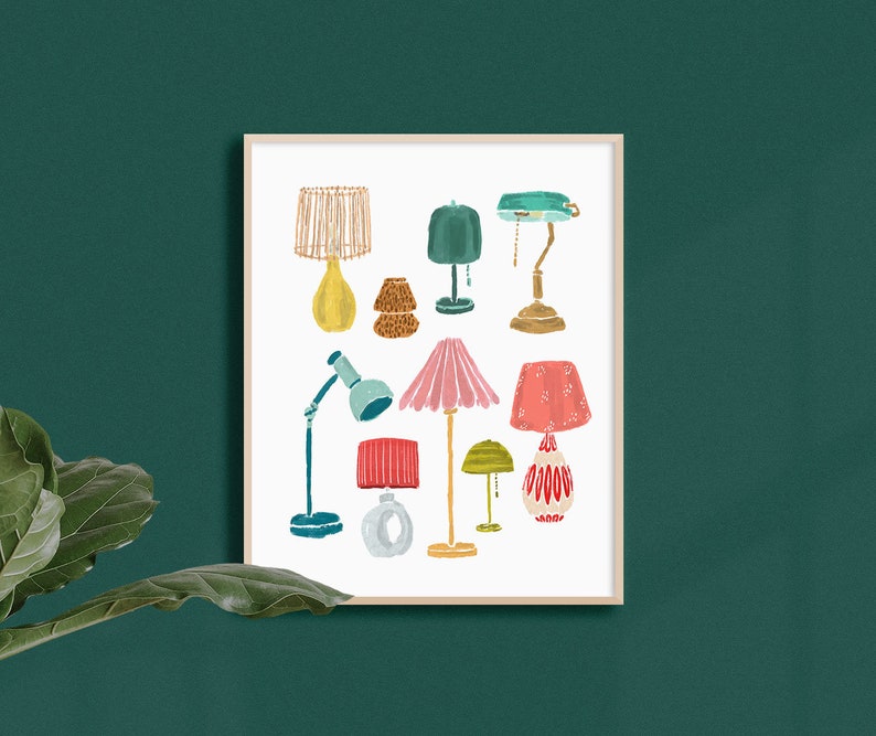 K&ouml;nnte beinhalten: Eine digitale Illustration von neun verschiedenen Lampen in verschiedenen Stilen und Farben. Die Lampen haben Schirme in Pink, Rot, Gr&uuml;n, Gelb und Braun. Die Lampen befinden sich auf einem wei&szlig;en Hintergrund.