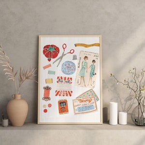 May include: A vintage-style illustration of sewing supplies, including a pincushion, scissors, spools of thread, buttons, and a pattern for a dress. The illustration is in a collage style with a white background and red, blue, and yellow accents.