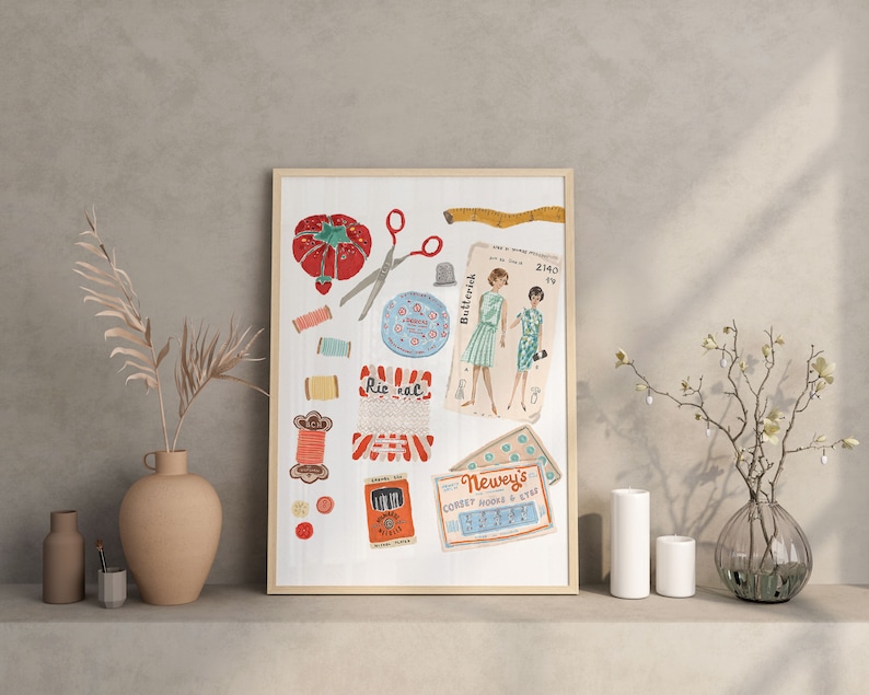May include: A vintage-style illustration of sewing supplies, including a pincushion, scissors, spools of thread, buttons, and a pattern for a dress. The illustration is in a collage style with a white background and red, blue, and yellow accents.