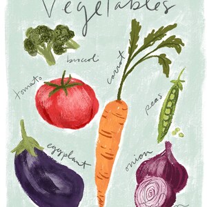 May include: A colorful illustration of various vegetables, including broccoli, carrot, peas, tomato, eggplant, and onion. The illustration is titled "Vegetables".