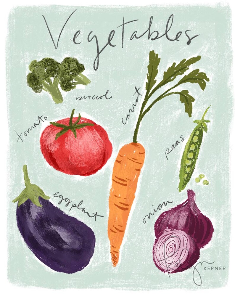May include: A colorful illustration of various vegetables, including broccoli, carrot, peas, tomato, eggplant, and onion. The illustration is titled "Vegetables".