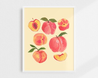 May include: A digital illustration of peaches on a light yellow background. The peaches are drawn in a painterly style with pink, red, and yellow hues. Some peaches are whole, while others are sliced in half.