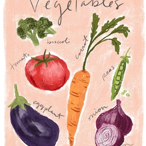 Puede incluir: Una ilustraci&oacute;n colorida de varias verduras, incluyendo un tomate rojo, un br&oacute;coli verde, una zanahoria naranja, una berenjena morada, una cebolla morada y guisantes verdes. El texto "Vegetables" est&aacute; escrito en la parte superior de la imagen.