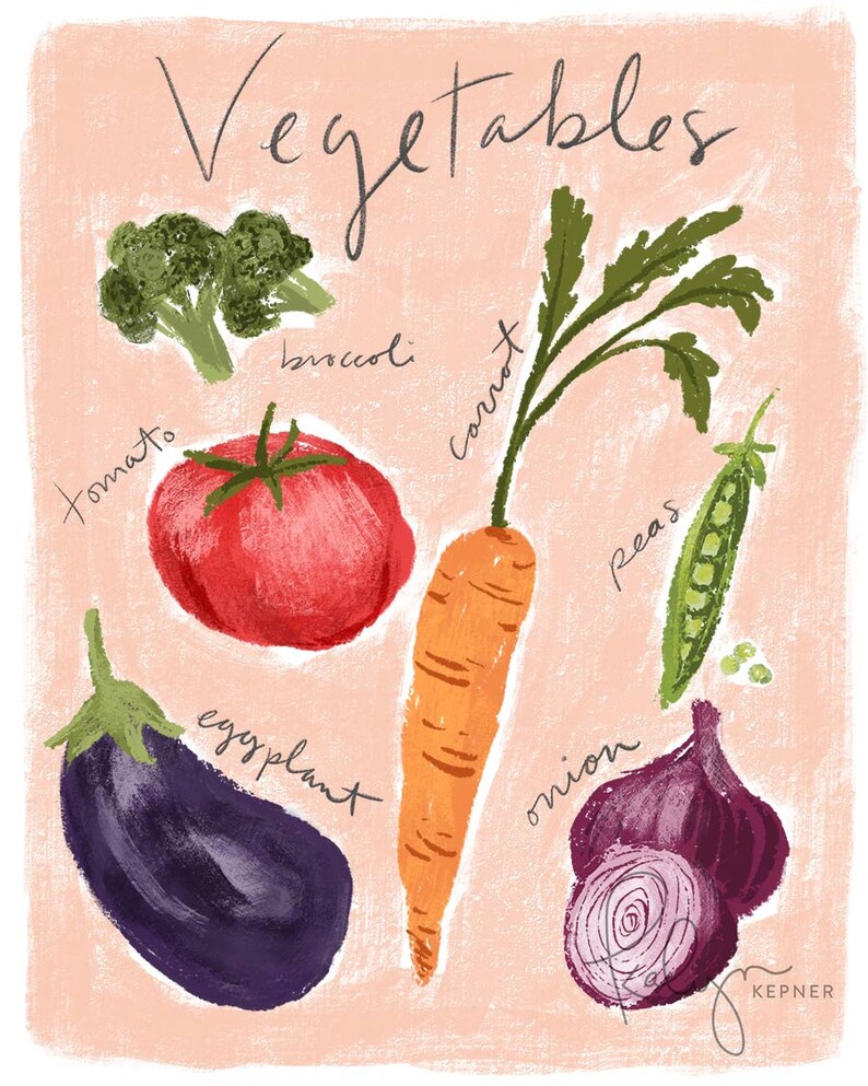 Puede incluir: Una ilustraci&oacute;n colorida de varias verduras, incluyendo un tomate rojo, un br&oacute;coli verde, una zanahoria naranja, una berenjena morada, una cebolla morada y guisantes verdes. El texto "Vegetables" est&aacute; escrito en la parte superior de la imagen.