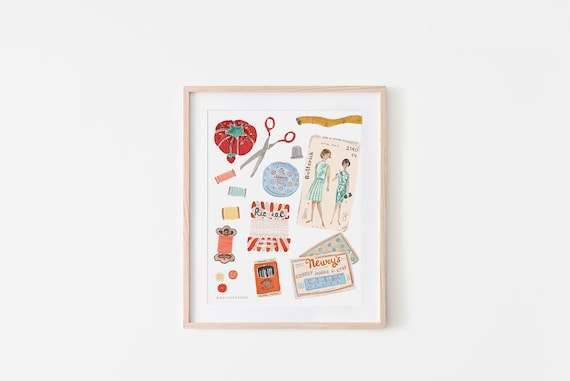 Vintage Sewing Supplies Wall Art, Sewing Room Art Print, Seamstress Decor, Vintage Sewing Room Art, Gift for Her, Fashion Artwork