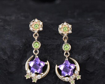 Dainty Star Shape Cut Purple Amethyst Drop Dangle Earrings 14k Yellow Gold Star Moon Peridot Earrings Unique Celestial Earrings Crescent