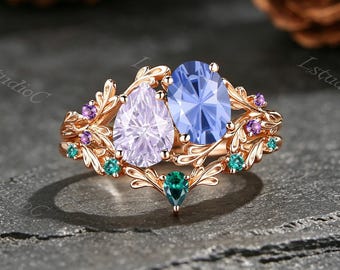 Pear Shape Lavender Purple Sapphire Oval Cornflower Blue Sapphire Toi et Moi Ring Set Rose Gold Emerald Wedding Band Amethyst Leaf Ring