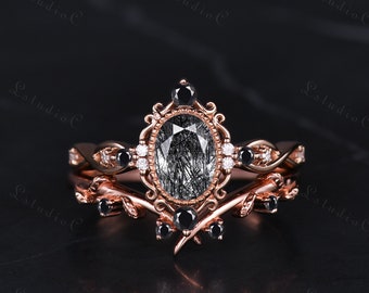 Dainty Oval Black Rutilated Quartz Bezel Engagement Ring Set Vintage Onyx Leaf Stacking Ring Filigree Art Deco Wedding Bridal Set Women Gift
