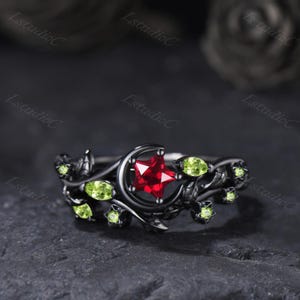 Star Shaped Cut Ruby Engagement Ring Set Black Gold Celestial Moon Stars Peridot Ring Red Green Gemstones Leaf Ring Nature Inspired Ring